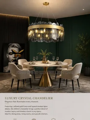Modern Dining Room Set - Crystal Chandelier, Marble Table, Velvet Chairs