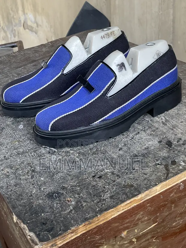 Handcrafted Men's Blue & Black Stripe Loafers - Chunky Sole - 1