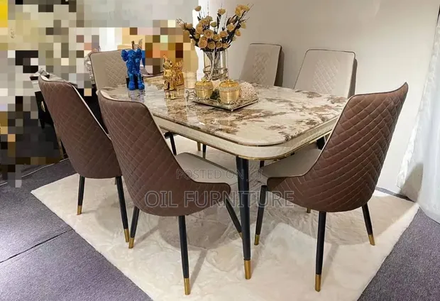 Luxury 6-Seater Marble Top Dining Set with Diamond-Quilted Leather Chairs - 1
