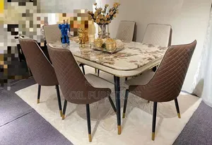 Luxury 6-Seater Marble Top Dining Set with Diamond-Quilted Leather Chairs