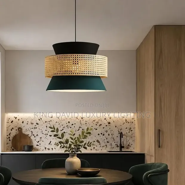 Three-Tier Rattan and Fabric Pendant Light - 1