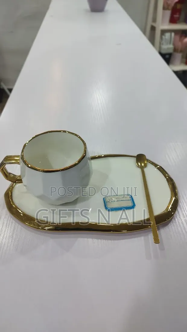 Vintage White & Gold Tea Tray Set with Spoon - 1