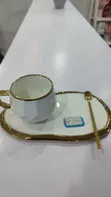 Vintage White & Gold Tea Tray Set with Spoon - 2