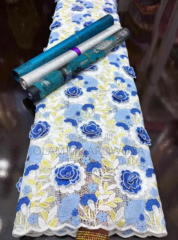 Swiss Cord Fabric with Flower Embroidery - 1