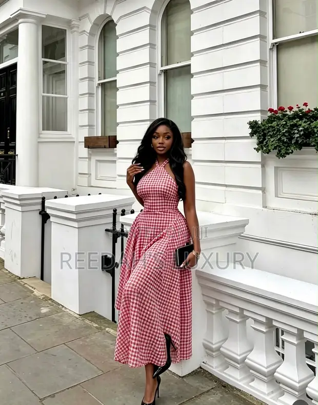 Blue Gingham Halter Midi Dress - 1