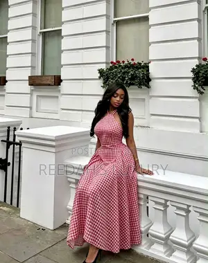 Blue Gingham Halter Midi Dress