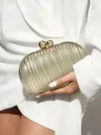 Quchi Metallic Gold Pleated Oval Clutch Bag - 3
