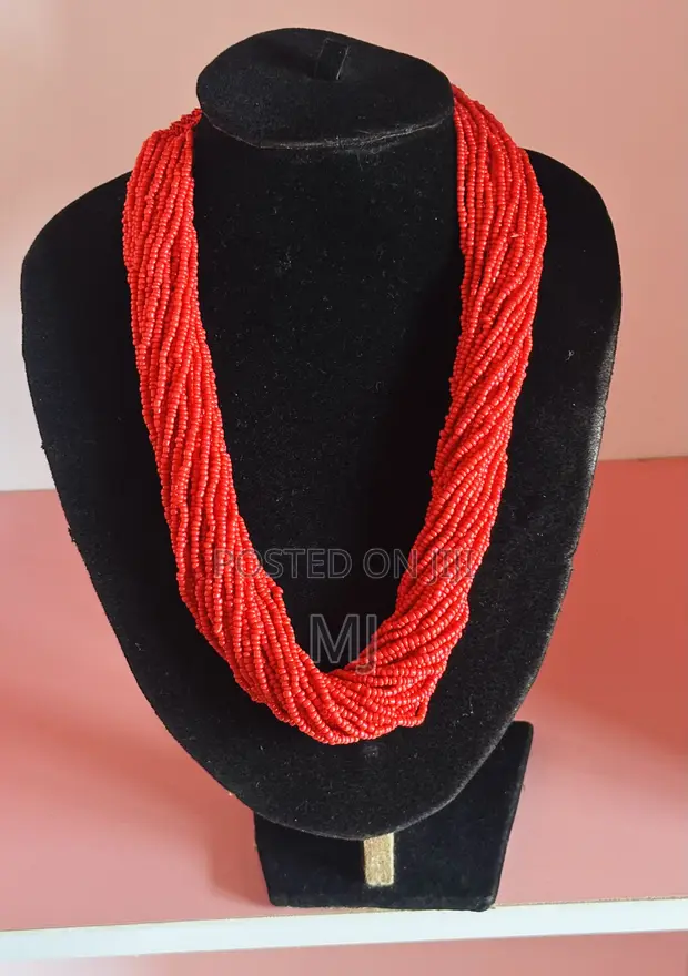 African Red Coral Bead Layered Necklace & Statement Earring Set - 1