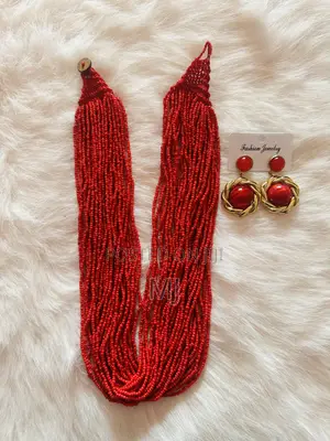 African Red Coral Bead Layered Necklace & Statement Earring Set