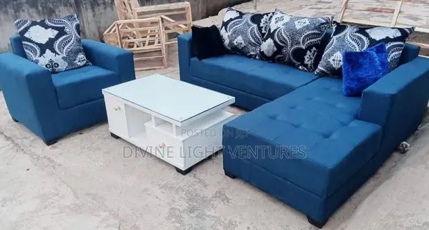 Brand New L Shape Sofa Set with Centre Table - Blue - 1