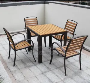 Sleek Black Outdoor Dining Set: Square Slatted Table & 4 Chairs