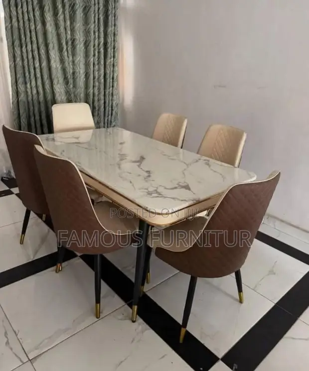 Modern 6-Seater Rectangular Dining Set with White Marble Top - 1