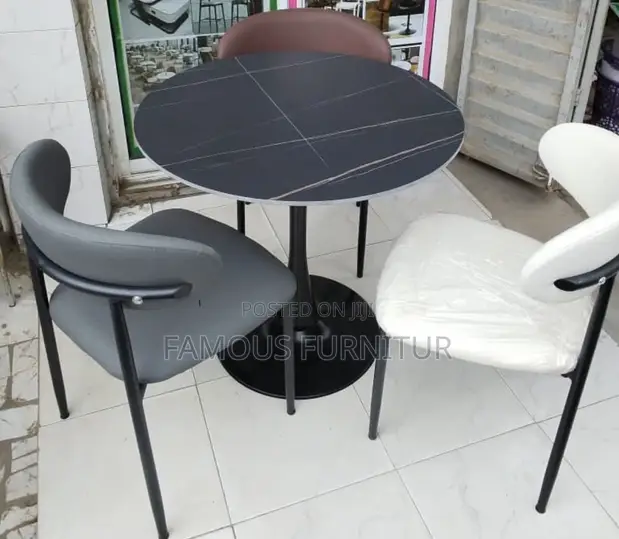 Modern Round Dining Set - Faux Marble Top, Upholstered Chairs - 1
