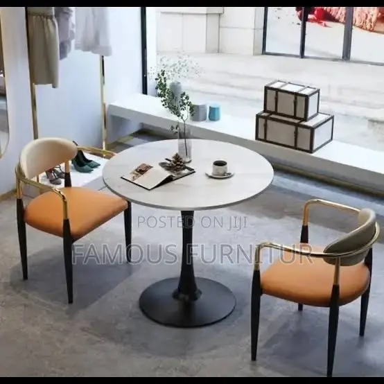 Modern Round Dining Set - White Marble Tabletop, Orange Chairs - 1