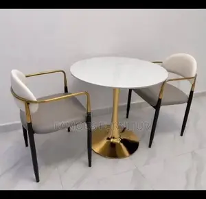 Modern Round Dining Set - White Marble Tabletop, Orange Chairs