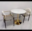 Modern Round Dining Set - White Marble Tabletop, Orange Chairs - 3