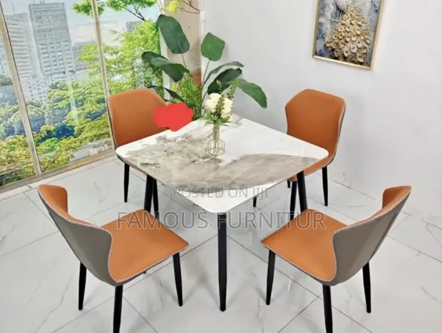 Modern Round Dining Set - White Marble-Patterned Tabletop - 1