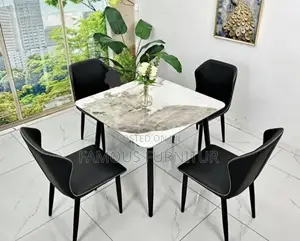 Modern Round Dining Set - White Marble-Patterned Tabletop