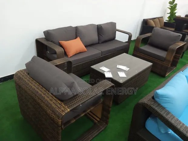 Brown Woven Rattan Sofa and Chair Set with Dark Grey Cushions - 1