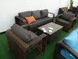 Brown Woven Rattan Sofa and Chair Set with Dark Grey Cushions - 1