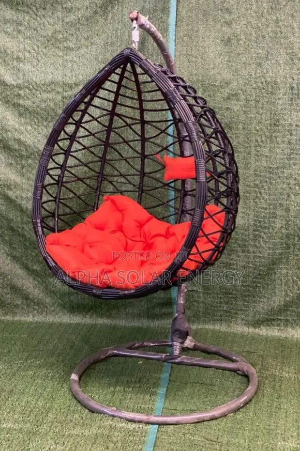 Black Rattan Hanging Egg Chair with Red Cushions - 1