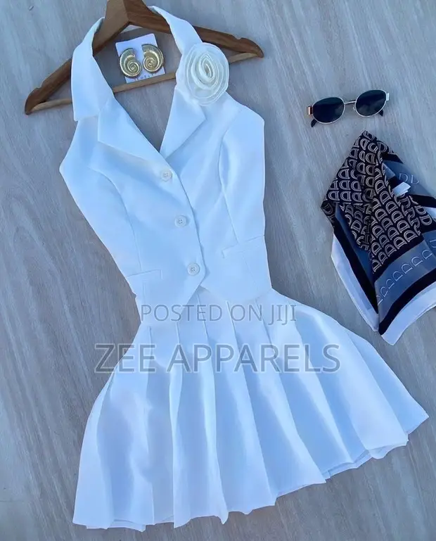Elegant White Blazer Mini Dress - Sleeveless Halter Pleated - 1