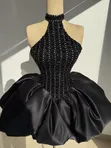 Black Crystal Halter Bubble Mini Dress - 1