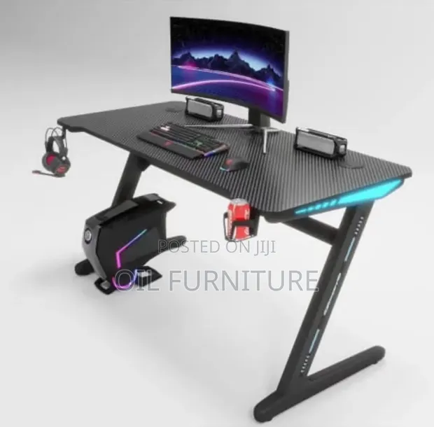 Modern Z-Shaped Ergonomic Gaming Desk with RGB LED Lights - 1