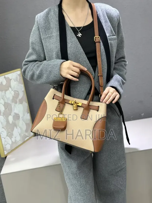 Structured Top Handle Handbag - Beige Genuine Leather - 1