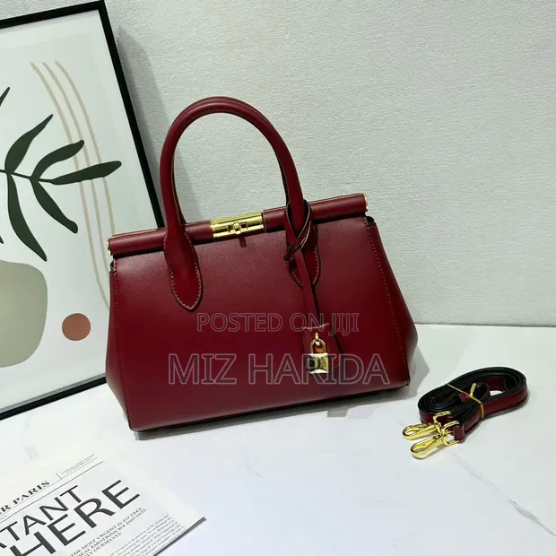 Structured Red Leather Tote Handbag - 1