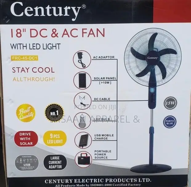 Century 18" AC/DC Solar Fan mai Hasken LED - 1
