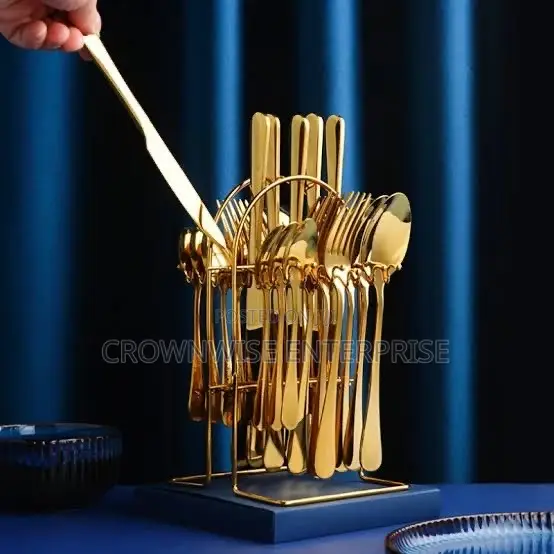 24-Piece Gold Plated Cutlery Set with Rack - 1