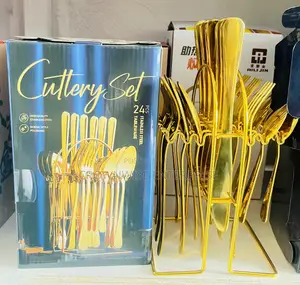 24-Piece Gold Plated Cutlery Set with Rack