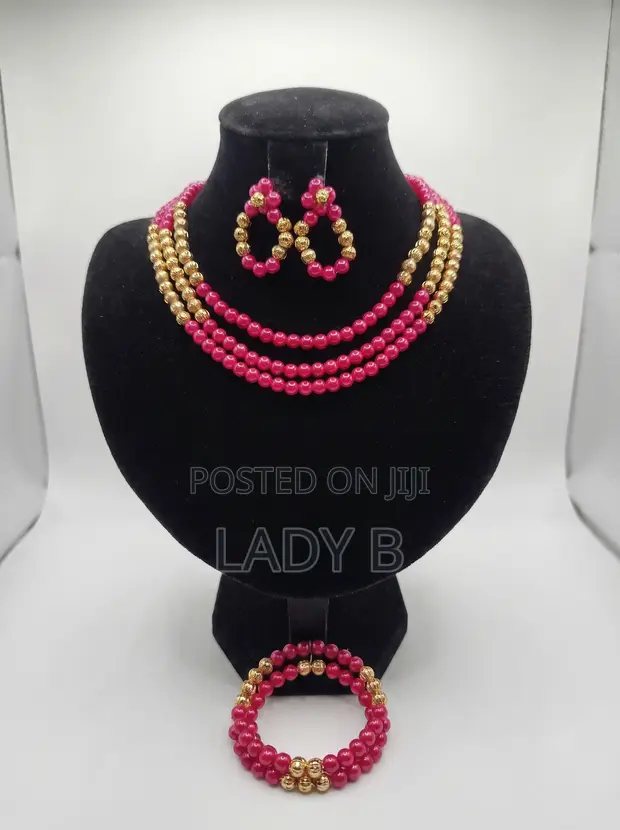 Pink da Gold Beaded Layered Necklace, Earrings, Bracelet Set - 1
