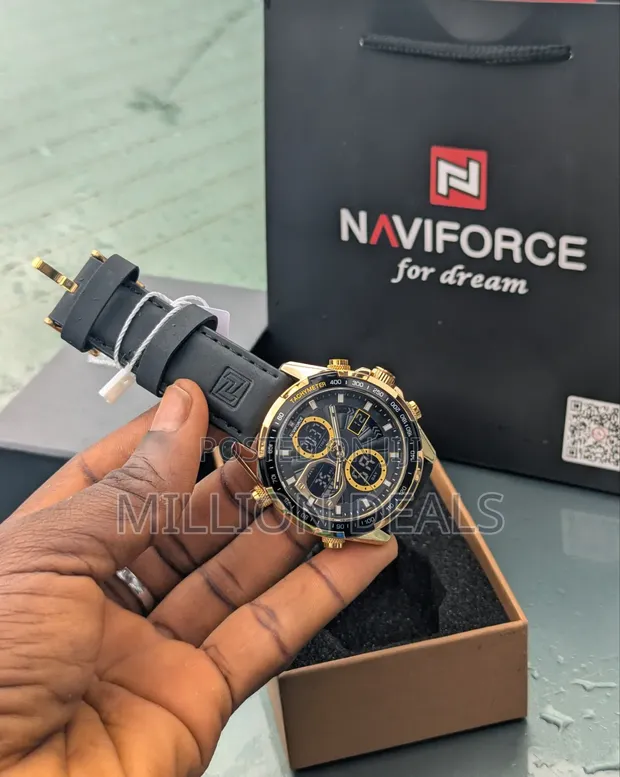 NAVIFORCE Black Leather Gold Water Resistant Men's Wrist Watch - 1