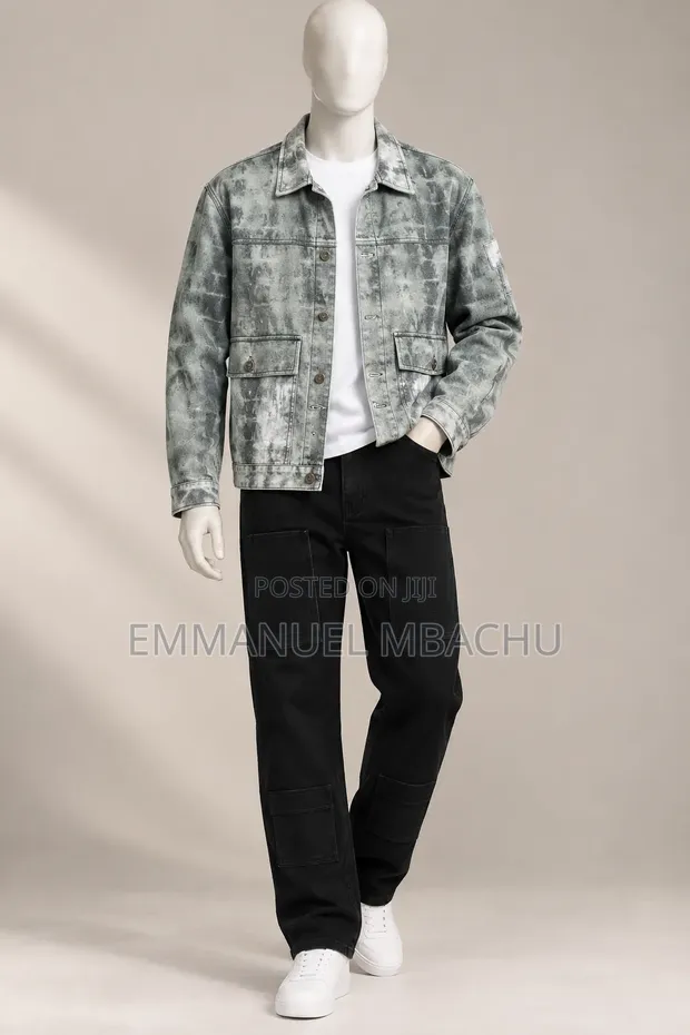 Men's Denim Jacket and Black Cargo Jeans Set - 1
