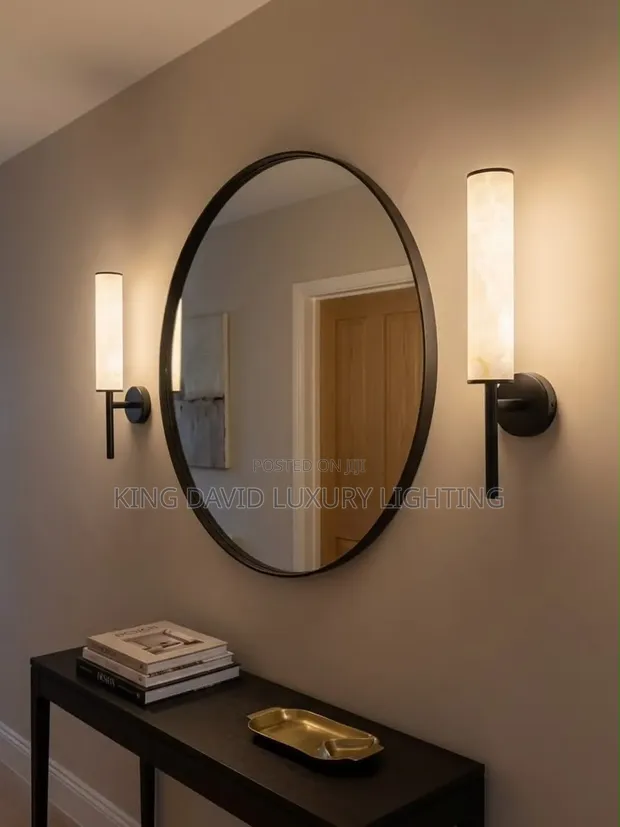 Minimalist Oval Wall Mirror with LED Sconces & Console Table - 1