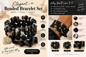 Luxury Black Beaded Bracelet Set with Heart Charm