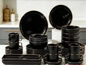 32-Piece Black Dinnerware Set with Gold Rim