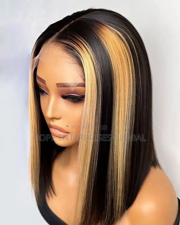 Black & Golden-Blonde Highlight Straight Bob Wig (14") - 1