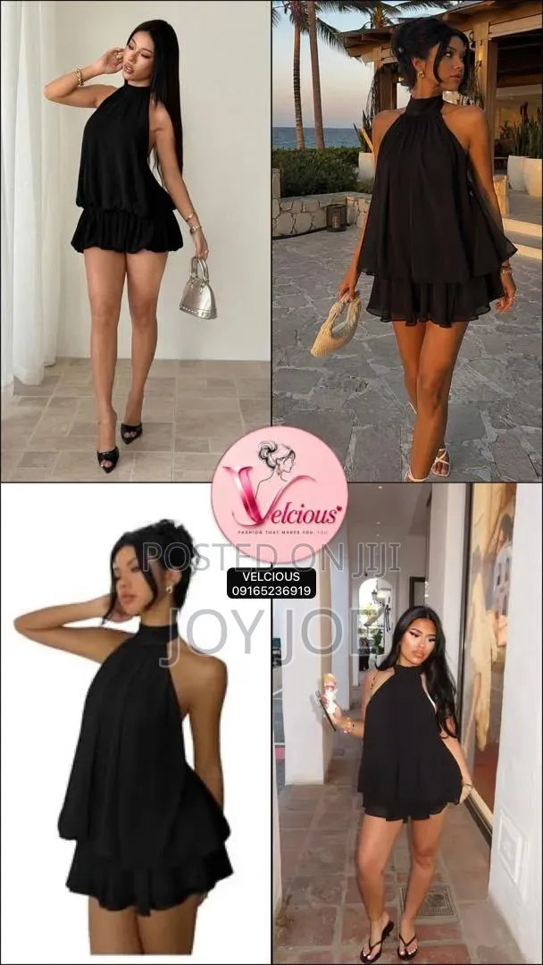 Halter Bubble Neck Dress - Black - 1