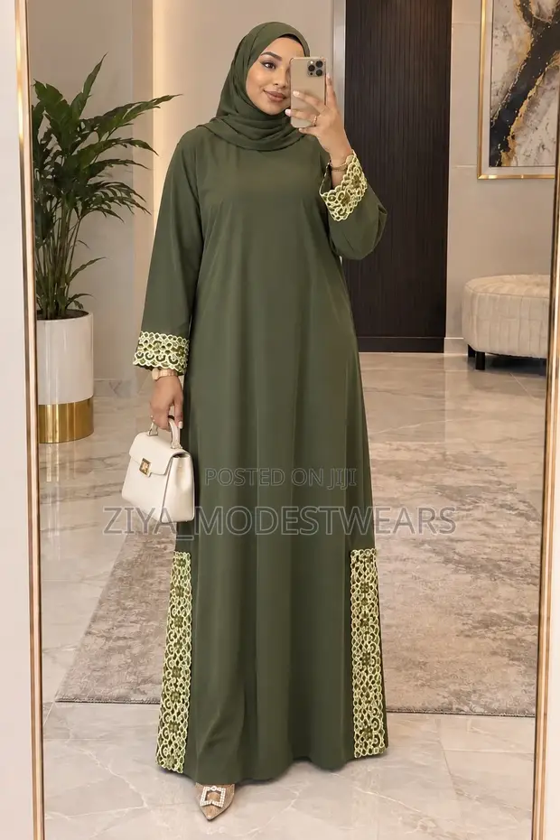 Army Green Abaya Mai Adoji a gefe | Kyakkyawar Jallabiya - 1