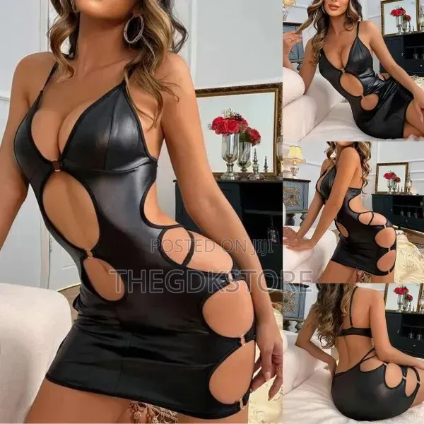 2-Piece Faux Leather Lingerie Dress & Thong Set - 1