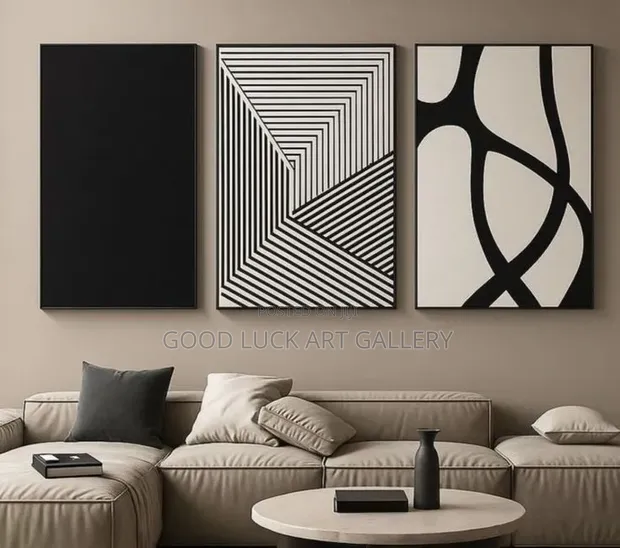 Set of 3 Black and White Abstract Canvas Wall Art - 1