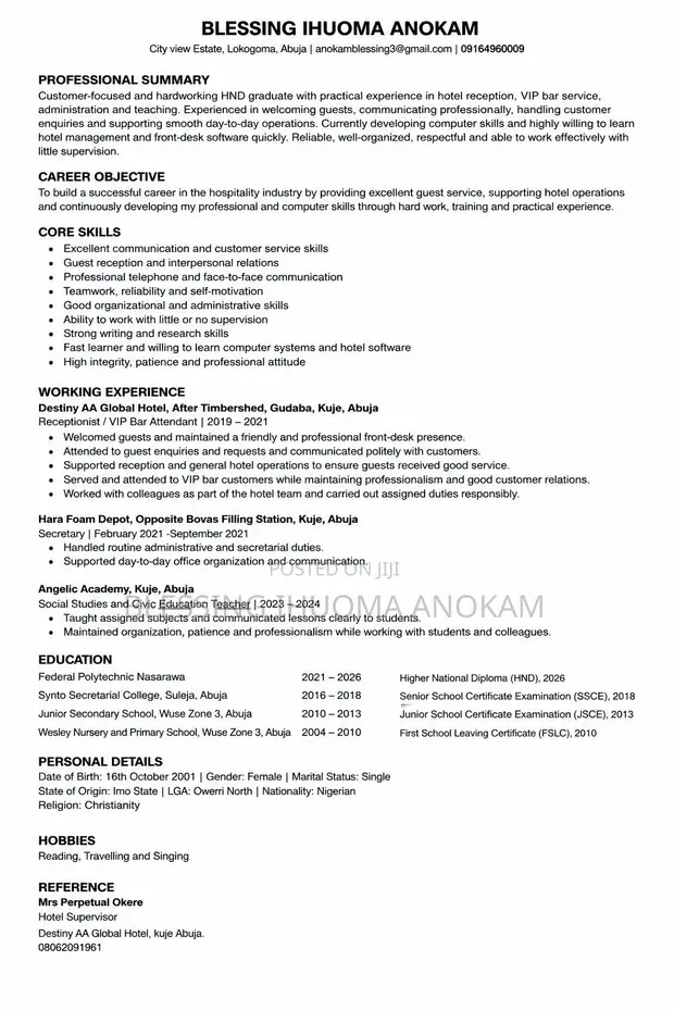 Hotel Receptionist CV - Blessing Ihuoma - 1