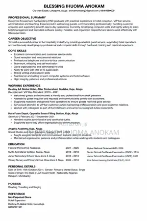 Hotel Receptionist CV - Blessing Ihuoma
