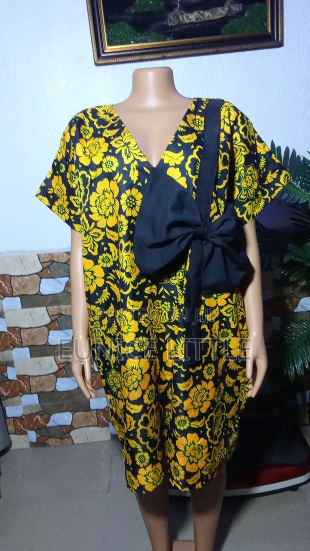 Eunice Little Stitches Yellow & Black Floral Short Boubou Gown - 1
