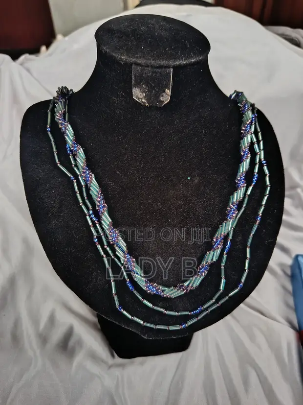 Multi-Strand Blue and Teal Bugle Bead Statement Necklace - 1