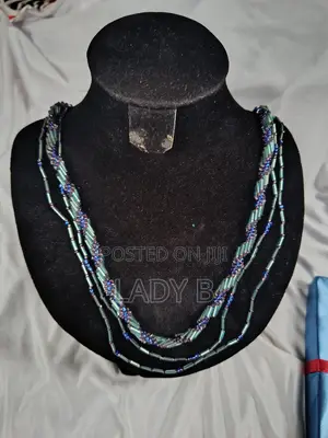 Multi-Strand Blue and Teal Bugle Bead Statement Necklace