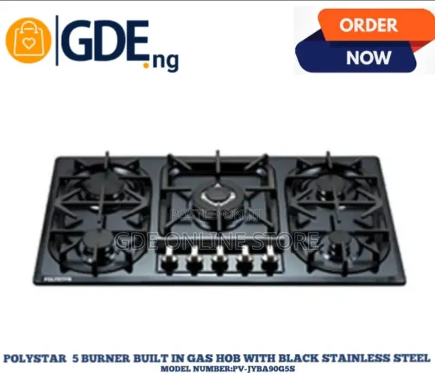 Polystar 5 Burner Inbuilt Gas Hob - Black Stainless Steel - 1